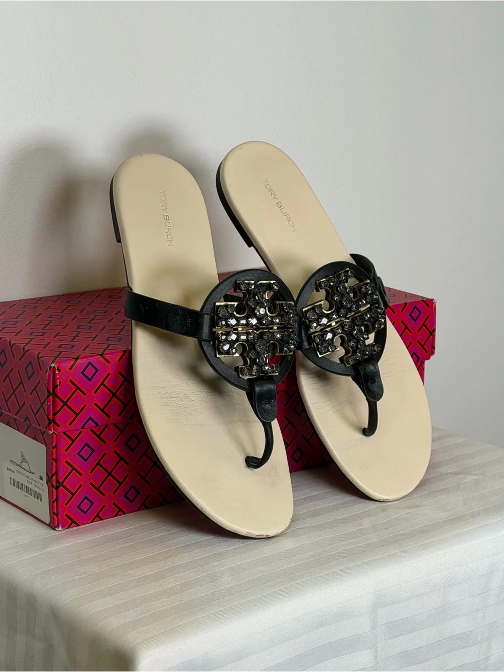 Tory Burch ‘Miller’ Crystal Embellished Iconic Logo Soft Sandals Women’s Size 8